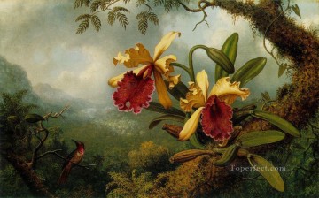  hummingbird Painting - Orchids and Hummingbird ATC Romantic flower Martin Johnson Heade